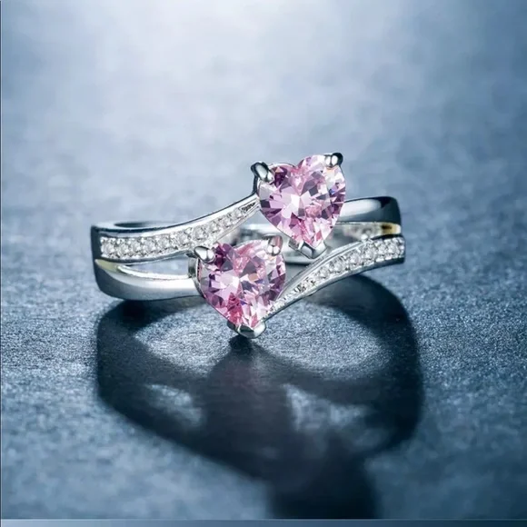 New 925 Silver Two Romantic Hearts Shape Sapphire Ring - Picture 2 of 5